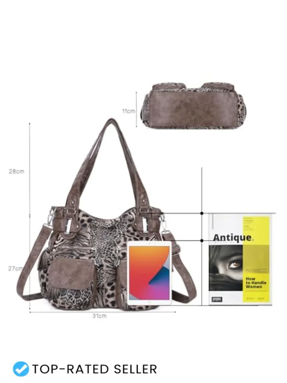 Women's Large Hobo Handbag Double Zipper Multi Pocket Washed PU Leather Purse